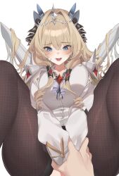 Rule 34 | 1girl, 1other, black shorts, blonde hair, blue eyes, blush, breasts, brown pantyhose, coat, collared shirt, crown (nikke), diadem, drill hair, goddess of victory: nikke, hair ornament, headgear, holding another&#039;s wrist, jewelry, large breasts, long hair, necklace, open mouth, pantyhose, shirt, shorts, white coat, white shirt, yu seol 69, yuseol
