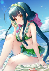 Rule 34 | 1girl, bikini, black hair, blue sky, blush, bottle, bow, breasts, brown eyes, cleavage, closed mouth, day, green bikini, hair bow, highres, holding, holding bottle, knee up, large breasts, lips, long hair, looking at viewer, nail polish, ocean, outdoors, pink bow, sitting, sky, smile, solo, swimsuit, tenneko yuuri, touhoku zunko, very long hair, voiceroid, water