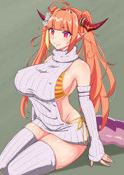 Rule 34 | 1girl, ahoge, alternate costume, backless dress, backless outfit, bare shoulders, bikini, bikini under clothes, blonde hair, blunt bangs, blush, bow, breasts, closed mouth, covered erect nipples, detached sleeves, dragon girl, dragon horns, dress, fang, fang out, grey sweater, grey thighhighs, hair intakes, hairband, halterneck, highres, hokke (fryinghokke), hololive, horn bow, horn ornament, horns, huge breasts, kiryu coco, long hair, meme attire, multicolored hair, orange hair, pointy ears, red eyes, ribbed legwear, ribbed sweater, shiny skin, side-tie bikini bottom, sideboob, sitting, skin fang, skindentation, solo, streaked hair, striped bikini, striped clothes, sweater, sweater dress, swimsuit, tail, thighhighs, turtleneck, turtleneck sweater, twintails, very long hair, virgin killer sweater, virtual youtuber