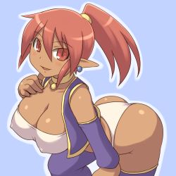 Rule 34 | 1girl, aaaa (quad-a), ass, bad id, bad pixiv id, blue background, blush, breasts, choker, cleavage, collarbone, covered erect nipples, dark-skinned female, dark skin, detached sleeves, earrings, elf, female focus, hair between eyes, hand on own chest, highres, jewelry, large breasts, leaning forward, looking at viewer, original, outline, pointy ears, ponytail, red eyes, red hair, simple background, solo, thighhighs, vest