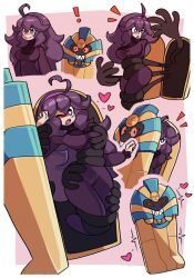 Rule 34 | !, 1girl, :o, @ @, ahoge, border, breasts, bright pupils, closed mouth, cofagrigus, commentary, creatures (company), dress, game freak, gen 5 pokemon, grabbing, hairband, heart, heart-shaped pupils, hex maniac (pokemon), highres, kurt robinson, large breasts, long hair, looking back, multiple views, nintendo, notice lines, one eye closed, pink background, pokemon, pokemon (creature), pokemon xy, purple dress, purple eyes, purple hair, purple hairband, smile, symbol-shaped pupils, trembling, white border, white pupils