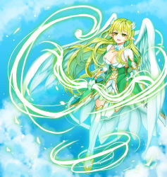 Rule 34 | 1girl, boots, breasts, cleavage, elsword, feathered wings, flying, full body, gloves, grand archer (elsword), green eyes, green hair, hamericano, highres, large breasts, long hair, open mouth, pointy ears, rena erindel, skirt, sky, smile, solo, thigh boots, thighhighs, white footwear, white gloves, white skirt, white thighhighs, white wings, wings