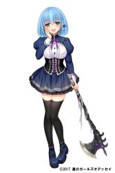Rule 34 | 1girl, :d, adhara (hoshi no girls odyssey), axe, black thighhighs, blue footwear, blue hair, blue skirt, blush, bow, braid, brooch, copyright name, corset, full body, green eyes, hagino kouta, hair bow, hand on own face, highres, holding, holding axe, holding weapon, hoshi no girls odyssey, jewelry, looking at viewer, official art, open mouth, purple bow, shoes, short hair, simple background, skirt, smile, solo, strappy heels, thighhighs, weapon, white background