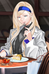 Rule 34 | 1girl, bag, black sweater, black tea, blonde hair, blue eyes, chair, closed mouth, cup, food, fork, highres, holding, holding fork, jacket, kantai collection, lips, long hair, long sleeves, mole, mole under eye, official alternate costume, open clothes, open jacket, richelieu (kancolle), shingyou (alexander-13), shopping bag, sitting, solo, sweater, tea, white jacket