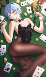Rule 34 | 1girl, absurdres, ace (playing card), ace of diamonds, ace of hearts, animal ears, bare shoulders, black bow, black bowtie, black footwear, black leotard, black pantyhose, blue eyes, blue hair, blue nails, blurry, blush, bow, bow earrings, bowtie, breasts, card, coin, commentary, covered navel, depth of field, detached collar, diamond (shape), earrings, fake animal ears, fake tail, fingernails, from above, hair between eyes, halberd, hands up, heart, high heels, highleg, highleg leotard, highres, hololive, hoshimachi suisei, jewelry, legs, leotard, long fingernails, looking at viewer, lying, medium breasts, nail polish, on back, pantyhose, parted lips, playboy bunny, playing card, polearm, pumps, rabbit ears, rabbit tail, shinigami kiraki, short hair, solo, star (symbol), star in eye, strapless, strapless leotard, symbol in eye, tail, teeth, thighs, virtual youtuber, weapon, white wrist cuffs, wrist cuffs