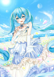 Rule 34 | 1girl, absurdres, air bubble, blue eyes, blue sky, blush, bubble, buntason (buritarooooo), cloud, cloudy sky, collar, collarbone, commentary, detached collar, dress, elbow gloves, field, flower, flower field, frilled collar, frilled dress, frills, gloves, hair between eyes, hair ornament, hand on own chest, happy birthday, hatsune miku, highres, long hair, looking at viewer, mixed-language commentary, multicolored clothes, multicolored dress, ocean, open mouth, outdoors, petals, purple dress, reaching, reaching towards viewer, sky, smile, solo, tearing up, twintails, very long hair, vocaloid, white dress, white gloves