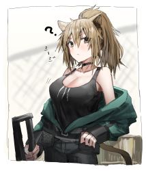 Rule 34 | 1girl, ?, animal ears, arknights, bare shoulders, belt, black choker, black tank top, blonde hair, blurry, blurry background, breasts, brown eyes, chain-link fence, choker, cleavage, closed mouth, collarbone, commentary request, fence, framed, green jacket, highres, horn/wood, jacket, large breasts, lion ears, lion girl, lion tail, long hair, looking at viewer, motion lines, off shoulder, official alternate costume, ponytail, siege (arknights), siege (legacy) (arknights), solo, tail, tank top, white background