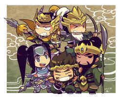 Rule 34 | &gt; o, 5boys, armor, arrow (projectile), beard, black hair, border, bow (weapon), chibi, chibi only, chinese armor, chinese clothes, chouun, dated, drawing bow, facial hair, full body, glint, grey background, grey eyes, grimace, grin, guan yu, holding, holding bow (weapon), holding polearm, holding weapon, huang zhong, jitome, kotorai, long beard, long hair, ma chao, male focus, multiple boys, mustache, no nose, old, old man, one eye closed, polearm, ponytail, shin sangoku musou, signature, smile, weapon, white border, white facial hair, zhao yun