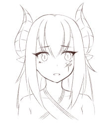 Rule 34 | 1girl, bare shoulders, collarbone, commentary request, criss-cross halter, dragon girl, dragon horns, facial mark, hair between eyes, halterneck, horns, ibuki notsu, long hair, looking at viewer, melusine (ibuki notsu), monochrome, open mouth, original, pointy ears, portrait, sidelocks, simple background, solo, white background