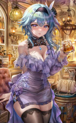 Rule 34 | 1girl, alcohol, bare shoulders, black hairband, black thighhighs, blue hair, blush, breasts, cleavage, cup, detached collar, dress, drinking glass, earrings, eula (genshin impact), genshin impact, hair ornament, hairband, highres, jewelry, large breasts, liquor, long sleeves, looking at viewer, medium hair, open mouth, purple dress, purple eyes, short dress, sidelocks, single sleeve, smile, solo, thighhighs, thighs, torino aqua