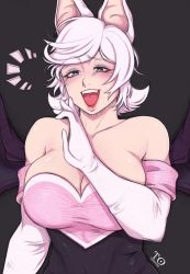 Rule 34 | 1girl, :d, animal ears, bare shoulders, bat ears, bat wings, black background, breasts, cleavage, collarbone, commentary, elbow gloves, english commentary, fangs, gloves, highres, humanization, large breasts, looking at viewer, open mouth, purple eyes, rouge the bat, short hair, simple background, smile, solo, sonic (series), strapless, swept bangs, tabletorgy, upper body, white gloves, white hair, wings