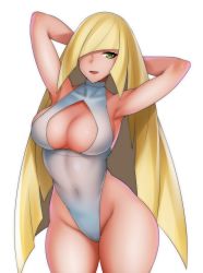 Rule 34 | 1girl, alternate breast size, armpits, blonde hair, breasts, cleavage, cleavage cutout, clothing cutout, covered navel, cowboy shot, creatures (company), curvy, female focus, game freak, gluteal fold, green eyes, hair over one eye, hevn, large breasts, long hair, looking at viewer, lusamine (pokemon), navel, nintendo, one-piece swimsuit, pokemon, pokemon sm, shiny skin, simple background, solo, swimsuit, thighs, very long hair, white background, white one-piece swimsuit, wide hips