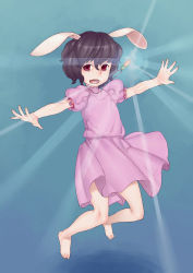 Rule 34 | 1girl, animal ears, barefoot, feet, female focus, glowing, harmaline, highres, inaba tewi, jewelry, jumping, outstretched arms, pendant, rabbit ears, solo, spread arms, touhou