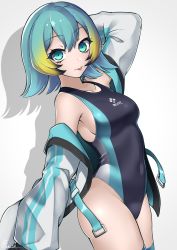Rule 34 | 1girl, absurdres, arm up, bare shoulders, black one-piece swimsuit, blonde hair, blue hair, blue thighhighs, breasts, closed mouth, collarbone, competition swimsuit, covered navel, drop shadow, gradient hair, green eyes, grey background, hair between eyes, highres, jacket, long sleeves, looking at viewer, medium breasts, multicolored hair, off shoulder, one-piece swimsuit, open clothes, open jacket, original, paravene, signature, sleeves past fingers, sleeves past wrists, solo, swimsuit, thighhighs, tongue, tongue out, white jacket