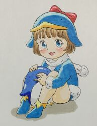 Rule 34 | 1girl, :3, animal, bird, blue dress, blue eyes, blue hat, blue panties, blue socks, blush, bow, brown hair, dress, ecoco, ekokuice, fur-trimmed dress, fur trim, hat, hat bow, highres, long sleeves, looking at viewer, marup, open mouth, panties, penguin, penguin girl, penguin hat, pom pom (clothes), red bow, scarf, short hair, sitting, smile, socks, underwear, white background, white scarf