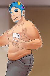 Rule 34 | 1boy, artist request, bara, belly, blue hair, blush stickers, bulge peek, demon horns, facial hair, from side, goatee stubble, horns, huge eyebrows, humanization, james p. sullivan, long sideburns, looking at viewer, male focus, monsters inc., multicolored hair, pants, pectorals, selfie, short hair, sideburns, solo, sparse navel hair, standing, steaming body, streaked hair, stubble, topless male, track pants, tusks