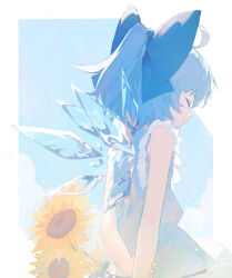 Rule 34 | 1girl, ahoge, alternate costume, artist name, blue bow, blue hair, bow, cirno, cirno day, closed eyes, closed mouth, detached wings, dress, fairy, flower, hair bow, highres, ice, ice wings, short hair, signature, siyumu, solo, sunflower, touhou, upper body, white dress, wings, yellow flower