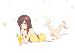 Rule 34 | 1girl, abwan, bare arms, bare shoulders, bendy straw, brown hair, closed mouth, commentary request, dress, drink, drinking, drinking straw, flower, green eyes, hair flower, hair ornament, hands up, highres, legs up, long hair, looking at viewer, original, pink flower, shadow, sleeveless, sleeveless dress, slippers, smile, solo, white background, white footwear, yellow dress
