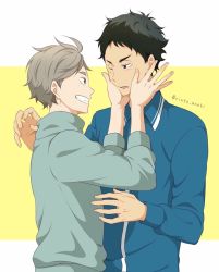 Rule 34 | 2boys, akaashi keiji, black hair, blue shirt, blush, fingernails, grey hair, grin, haikyuu!!, hands on another&#039;s cheeks, hands on another&#039;s face, highres, long sleeves, looking at another, multiple boys, one eye closed, parted lips, ringo aneki, shirt, smile, sugawara koushi, twitter username