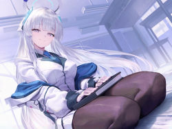 Rule 34 | blue archive, book, gesoking, grey eyes, halo, highres, jacket, looking at viewer, mechanical halo, necktie, noa (blue archive), pantyhose, smile, solo, thighs, white hair