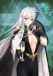 Rule 34 | 1girl, absurdres, adjusting hair, alcohol, azur lane, black cape, black dress, black gloves, blush, breasts, breasts apart, cape, character name, commentary request, cup, dress, drinking glass, eagle union (emblem), enterprise (azur lane), enterprise (heroic finery) (azur lane), evening gown, fingerless gloves, flower, gloves, hair flower, hair ornament, highres, holding, holding cup, kading boluo, large breasts, long dress, long hair, looking at viewer, open mouth, purple eyes, sidelocks, silver hair, solo, very long hair, wine, wine glass