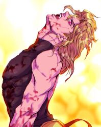 Rule 34 | 1boy, blonde hair, blood, blood on arm, blood on face, dio brando, earrings, fangs, head tilt, jewelry, jojo no kimyou na bouken, male focus, muscular, muscular male, red eyes, ruushii (lucy steel6969), scar, scar on neck, shirt, sleeveless, sleeveless turtleneck, solo, stardust crusaders, stitched neck, stitches, tight clothes, tight shirt, turtleneck, vampire