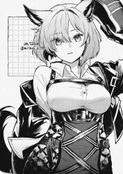 1girl animal_ears arknights arm_up belt belt_buckle breasts buckle buttons chest_belt collared_shirt commentary cowboy_shot dotted_line dress_shirt dur-nar_(arknights) framed_breasts greyscale grid hair_between_eyes hair_ornament high-waist_skirt high_belt holding jacket large_breasts looking_at_viewer mitani_kei monochrome off_shoulder parted_lips shirt short_hair skirt solo standing watermark