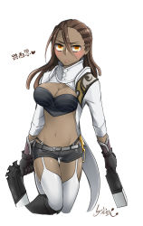 Rule 34 | 1girl, amy7996659, blush, breasts, brown eyes, brown hair, cleavage, dark-skinned female, dark skin, dreadlocks, dual wielding, gender request, genderswap, gloves, groin, gun, highres, holding, large breasts, league of legends, lipstick, looking at viewer, lucian (league of legends), makeup, midriff, navel, shiny skin, short shorts, shorts, skindentation, solo, thigh gap, weapon