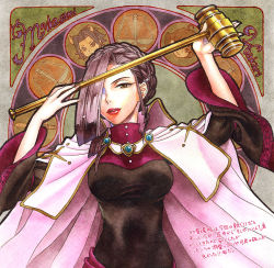 Rule 34 | 1girl, 2boys, ace attorney, ace attorney investigations, ace attorney investigations 2, ahoge, aizawa shimon, arms up, art nouveau, black dress, black eyes, braid, breasts, brown eyes, brown hair, capcom, cape, character name, chibi, color ink (medium), dress, eyelashes, fake horns, fingernails, flipped hair, frown, hair bun, hair intakes, hair over one eye, hammer, holding, horns, ichiyanagi yumihiko, impossible clothes, impossible dress, kayu, large breasts, lips, lipstick, long fingernails, long sleeves, makeup, marker (medium), mikagami hakari, mother and son, multiple boys, nail polish, parted lips, robe, sash, single hair bun, smile, traditional media, weighing scale, wide sleeves
