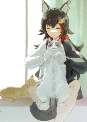 Rule 34 | 1girl, :d, animal, animal ears, black hair, black hoodie, black shorts, cat, closed eyes, commentary request, feet out of frame, flipped hair, hair ornament, hairclip, highres, holding, holding animal, holding cat, hololive, hood, hoodie, indoors, long hair, multicolored hair, official alternate costume, ookami mio, ookami mio (casual), open mouth, red hair, shorts, smile, spiked hair, streaked hair, taiga (ookami mio), tawa (ookami mio), two-tone hoodie, very long hair, virtual youtuber, white hoodie, window, wolf ears, yami ara