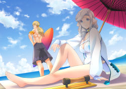 Rule 34 | 1boy, 1girl, ainu clothes, animal ears, aquaplus, bare legs, barefoot, beach, blonde hair, blue eyes, blue hair, blue sky, breasts, cleavage, cloud, cloudy sky, competition swimsuit, curly hair, feet, fingerless gloves, from behind, full body, gloves, hair over shoulder, hand on own hip, jacket, large breasts, long hair, long sleeves, manyu274, medium hair, messy hair, mikazuchi (utawarerumono), munechika, muscular, muscular male, one-piece swimsuit, outdoors, pointy ears, sand, shorts, sidelocks, sitting, sky, surfboard, swept bangs, swimsuit, tail, umbrella, utawarerumono, utawarerumono: itsuwari no kamen, utawarerumono: lost flag, water