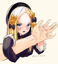 Rule 34 | 1girl, abigail williams (fate), bite mark, black bow, black headwear, blonde hair, blue eyes, blush, bow, eyebrows, eyelashes, fate/grand order, fate (series), fingernails, forehead, frilled shirt collar, frilled sleeves, frills, hair bow, holding hands, kaita (mokamilkcup), long hair, multiple hair bows, orange bow, parted bangs, sharp teeth, sleeves past fingers, sleeves past wrists, sweatdrop, tearing up, teeth, tongue, tongue out, v-shaped eyebrows, watermark