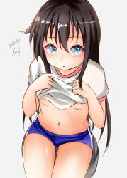 Rule 34 | 1girl, :o, asashio (kancolle), black hair, blue buruma, blue eyes, blush, buruma, clothes lift, commentary request, dakkusu, dated, grey background, gym shirt, gym uniform, hair between eyes, highres, kantai collection, lifted by self, looking at viewer, navel, parted lips, shirt, shirt lift, signature, simple background, sitting, solo, stool, thigh gap, white shirt