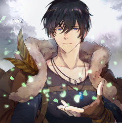 Rule 34 | 1boy, black hair, blue shirt, brown cape, cape, closed mouth, fur-trimmed cape, fur trim, gary (yume-100), jewelry, long sleeves, looking at viewer, male focus, necklace, purple eyes, sd pink, shirt, short hair, smile, solo, yume oukoku to nemureru 100-nin no ouji-sama