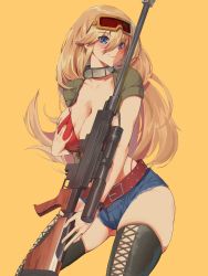 Rule 34 | 1girl, bikini, black thighhighs, blinkblink art, blonde hair, blue eyes, blue shorts, blush, breasts, cleavage, collarbone, denim, denim shorts, goggles, goggles on head, gun, highres, large breasts, long hair, looking at viewer, red bikini, rifle, short shorts, shorts, smile, sniper rifle, solo, swimsuit, thighhighs, thighs, weapon
