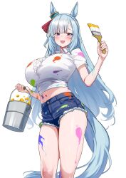 1girl alternate_costume animal_ears blue_hair blue_shorts blush braid breasts bucket collared_shirt commentary crown_braid ear_ornament feet_out_of_frame herohero_(higashi_no_dou) highres holding holding_bucket holding_paintbrush horse_ears horse_girl horse_tail large_breasts long_hair looking_at_viewer mejiro_ardan_(umamusume) midriff navel open_mouth paint_on_body paint_on_clothes paint_splatter paintbrush purple_eyes shirt short_shorts short_sleeves shorts simple_background smile solo standing stomach tail thighs trim_brush umamusume very_long_hair white_background white_shirt