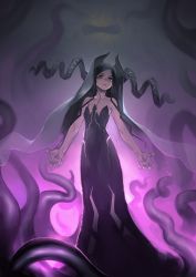 Rule 34 | 1girl, absurdres, bare arms, bare shoulders, black dress, brown eyes, collarbone, curled horns, dress, fixro2n, forehead, highres, horns, long hair, looking at viewer, original, parted bangs, parted lips, solo, strapless, strapless dress, tentacles, veil