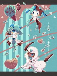 Rule 34 | :o, absol, alternate color, animal focus, aqua background, blue bow, blue eyes, bow, chocolate, claws, colored skin, commentary request, creatures (company), food, game freak, gen 3 pokemon, hanabusaoekaki, highres, horns, ice cream, jirachi, kirlia, legendary pokemon, letterboxed, mane, mythical pokemon, nintendo, no humans, open mouth, pokemon, pokemon (creature), single horn, sitting, solid oval eyes, sparkle, standing, tail, tanzaku, white fur, white skin