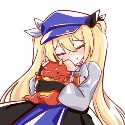 Rule 34 | 1girl, bea (squidbols), black ribbon, blonde hair, blush, closed eyes, closed mouth, commentary, dokibird (vtuber), english commentary, facing viewer, hair between eyes, hair ribbon, highres, holding, holding stuffed toy, hugging object, indie virtual youtuber, long hair, long sleeves, ribbon, simple background, smile, split mouth, stuffed animal, stuffed dragon, stuffed toy, twintails, upper body, very long hair, virtual youtuber, white background, white ribbon