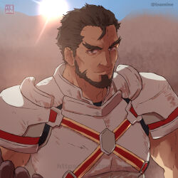 Rule 34 | 1boy, armor, backlighting, bara, beard, breastplate, brown hair, dark-skinned male, dark skin, facial hair, forked eyebrows, gazef stronoff, hair slicked back, isomine, looking at viewer, male focus, mature male, muscular, muscular male, overlord (maruyama), short hair, smile, solo, sunlight, thick eyebrows, upper body, v-shaped eyebrows, wrinkled skin