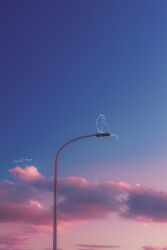 Rule 34 | artist name, blue sky, cat, cloud, cloudy sky, commentary request, evening, full body, gradient sky, greyscale with colored background, highres, lamppost, no humans, original, outdoors, photo (medium), photo background, pink sky, sara (sara2626 if), scenery, signature, sky, solo, wide shot