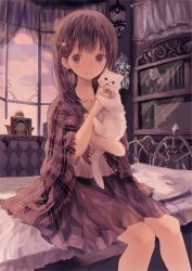 Rule 34 | 1girl, bad id, bad pixiv id, bed, biting, black eyes, blanket, blush, brown hair, cabinet, cat, clock, closed mouth, cloud, curtains, eyebrows, fangs, finger biting, head tilt, highres, holding, indoors, long hair, on bed, opopowa, original, plant, potted plant, scales, school uniform, serafuku, shirt, sitting, skirt, smile, stuffed animal, stuffed cat, stuffed toy, window