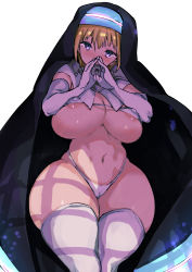 Rule 34 | 1girl, areola slip, bad anatomy, bad proportions, bikini, blonde hair, blue eyes, breasts, cameltoe, cleavage, commentary request, curvy, en&#039;en no shouboutai, gloves, habit, highres, huge breasts, inui achu, iris (enen no shouboutai), looking at viewer, micro bikini, navel, nun, shiny skin, simple background, skindentation, solo, standing, swimsuit, thick thighs, thighhighs, thighs, white background, white bikini, white gloves, white thighhighs, wide hips