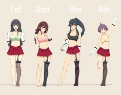 Rule 34 | 10s, 4girls, agano (kancolle), asymmetrical legwear, black bra, black hair, black legwear, blush, bra, braid, breasts, brown hair, cassandra (seishun katsu sando), cleavage, contrapposto, closed eyes, frilled bra, frills, garter straps, gloves, green bra, green eyes, high ponytail, highres, kantai collection, large breasts, lineup, long hair, looking at viewer, multiple girls, navel, no shirt, no shoes, noshiro (kancolle), open mouth, pink bra, pleated skirt, ponytail, purple hair, red eyes, red skirt, sakawa (kancolle), short hair, simple background, skirt, smile, sports bra, standing, thighhighs, twin braids, underwear, uneven legwear, white gloves, yahagi (kancolle), yellow bra