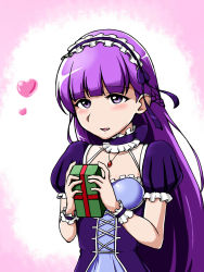 Rule 34 | 1girl, breasts, cleavage, collarbone, deno (denomina0), dress, fire emblem, fire emblem: the binding blade, fire emblem heroes, gift, hairband, highres, holding, jewelry, lolita hairband, long hair, nintendo, purple eyes, purple hair, short sleeves, simple background, smile, solo, sophia (fire emblem), upper body, valentine, very long hair, wrist cuffs