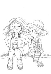 Rule 34 | 1boy, 1girl, boku no hero academia, boku no hero academia: heroes rising, bracelet, brother and sister, child, drink, drinking straw, freckles, grass, hands on own hips, hat, highres, horikoshi kouhei, jewelry, long hair, looking at another, official art, sandals, shimano katsuma, shimano mahoro, short hair, siblings, simple background, sitting, sun hat, tongue, tongue out, twintails, white background
