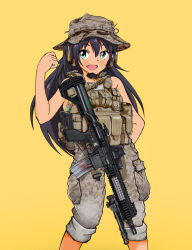 Rule 34 | 1girl, :d, ammunition pouch, arm behind back, assault rifle, bare arms, bare shoulders, black hair, blue eyes, brown hat, buckle, bulletproof vest, commentary request, ear protection, fang, feet out of frame, ganaha hibiki, glock, grey pants, gun, gun sling, h&amp;k hk416, hand up, handgun, hat, headset, idolmaster, idolmaster (classic), long hair, looking at viewer, nakamura 3sou, open mouth, pants, pouch, rifle, smile, snap-fit buckle, solo, standing, very long hair, weapon, yellow background