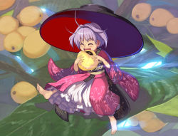 Rule 34 | 1girl, :d, ahoge, barefoot, blush, bowl, bowl hat, branch, closed eyes, commentary request, day, diffraction spikes, eating, food, fruit, hair intakes, happy, hat, highres, holding, holding food, holding fruit, japanese clothes, kimono, layered clothes, layered kimono, leaf, leg lift, loquat, mini person, minigirl, obi, open mouth, outdoors, purple hair, sash, short hair, sitting, smile, solo, sukuna shinmyoumaru, sunlight, syope, touhou