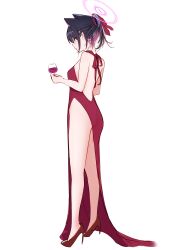 Rule 34 | 1girl, absurdres, alcohol, animal ears, ass, backless dress, backless outfit, black hair, blue archive, cat ears, cat girl, cup, dress, drink, drinking glass, evening gown, from side, full body, half updo, halo, hand up, high heels, highres, holding, holding drink, kazusa (blue archive), legs, legs apart, long dress, looking ahead, multicolored hair, pink hair, profile, red dress, red eyes, red footwear, short hair, short ponytail, side slit, sidelocks, simple background, solo, standing, streaked hair, thighs, white background, wine, wine glass, yata mawari