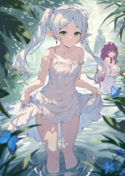 Rule 34 | 2girls, bare legs, blurry, blurry background, breasts, bug, butterfly, closed mouth, clothes lift, dress, earrings, elf, fern (sousou no frieren), forehead, frieren, green eyes, highres, himmel (sousou no frieren), hokori sakuni, insect, jewelry, large breasts, long hair, looking at viewer, multiple girls, nature, outdoors, parted bangs, pointy ears, purple eyes, purple hair, skirt, skirt lift, small breasts, smile, sousou no frieren, statue, strap slip, sundress, thick eyebrows, thigh gap, thighs, twintails, very long hair, wading, white dress, white hair